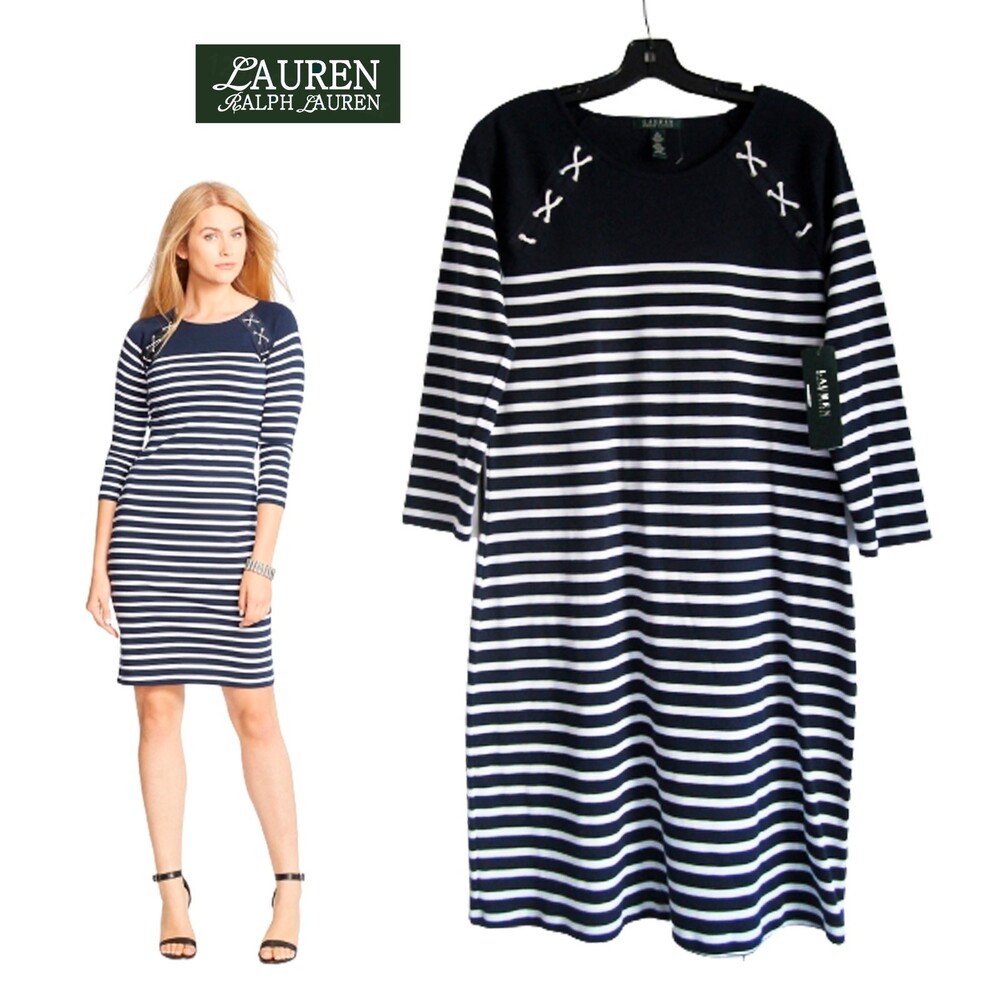 LAUREN RALPH LAUREN XL Navy White Nautical Stripe Rope Grommet Dress